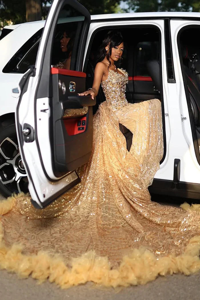 GOLD SWEETHEART BEADED SPARKLES COURT TRAIN FLOWERS PROM DRESSES – Avelyan GOLD SWEETHEART BEADED SPARKLES COURT TRAIN FLOWERS PROM DRESSES – Avelyan