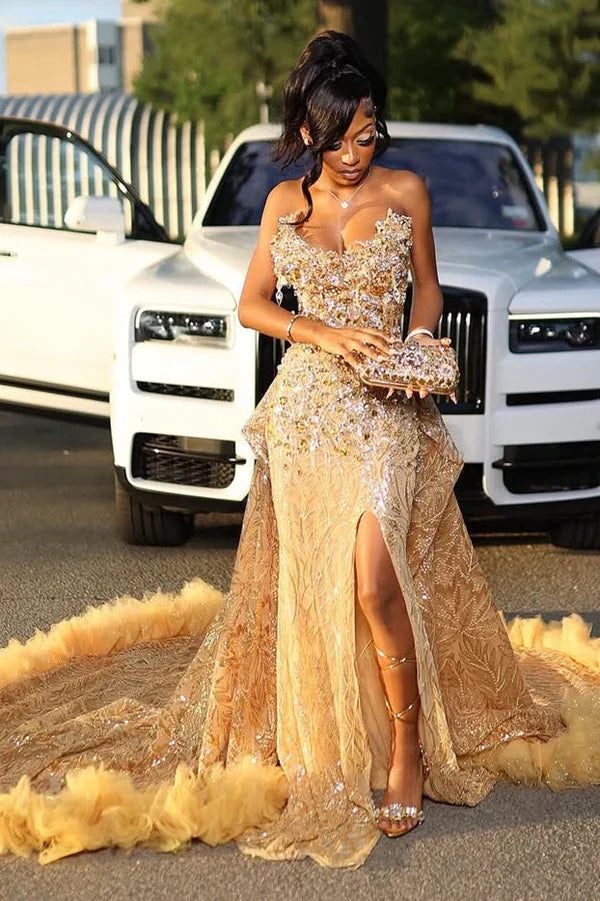 GOLD SWEETHEART BEADED SPARKLES COURT TRAIN FLOWERS PROM DRESSES