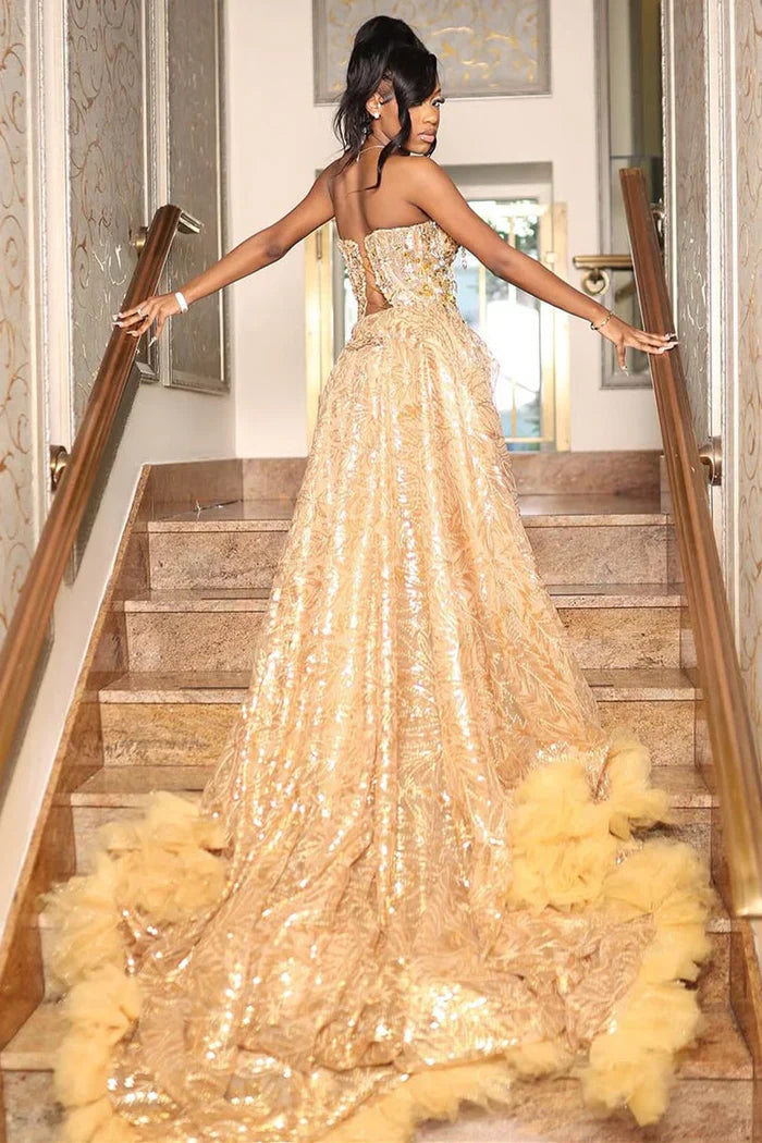 prom dress with tennis shoes GOLD SWEETHEART BEADED SPARKLES COURT TRAIN FLOWERS PROM DRESSES – Avelyan