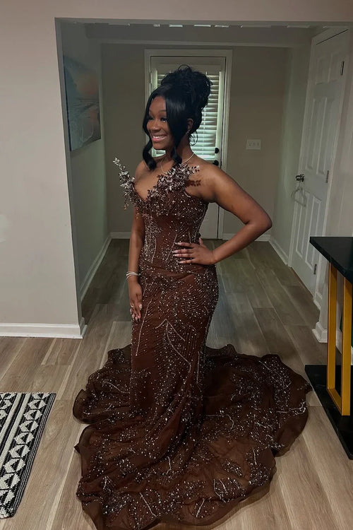 ELEGANT SPARKLE BROWN MERMAID COURT TRAIN V-NECK SLEEVELESS PROM DRESSES