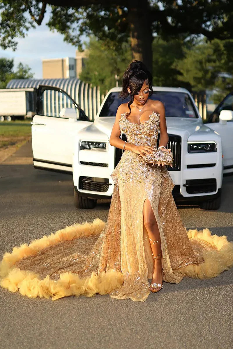 gold sparkle dresses GOLD SWEETHEART BEADED SPARKLES COURT TRAIN FLOWERS PROM DRESSES – Avelyan