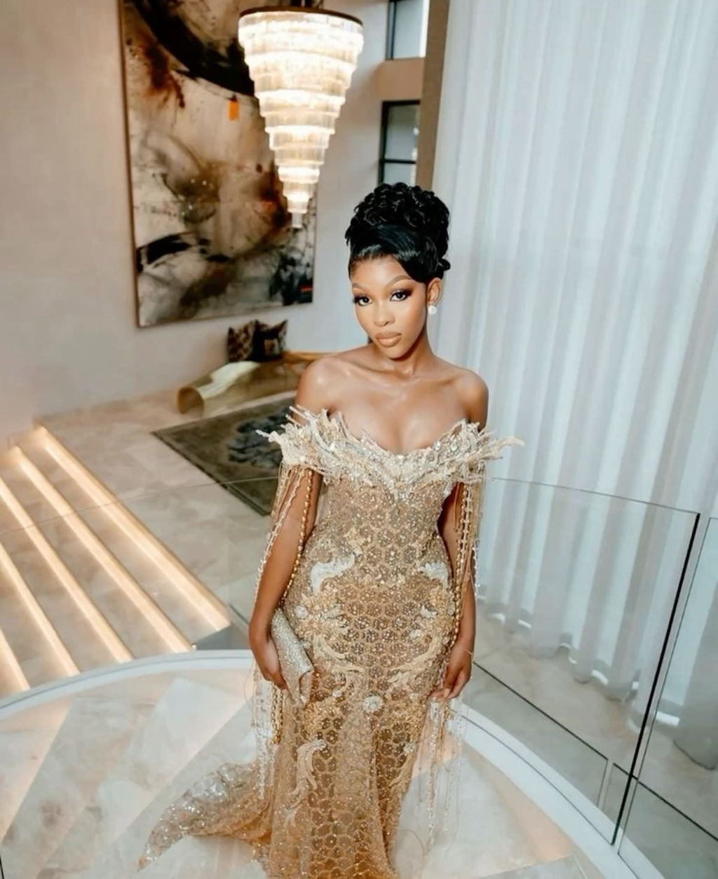 Golden Goddess Off-Shoulder Luxury Gown ✨